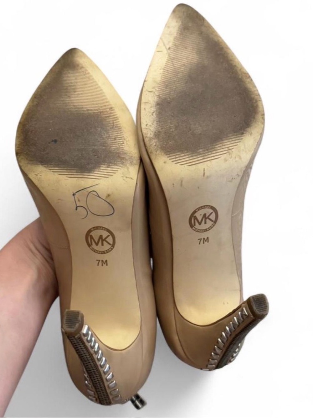 Michael Kors Beige Patent Leather Studded Zip-Heel Pumps - Size 7 - Picture 6 of 8